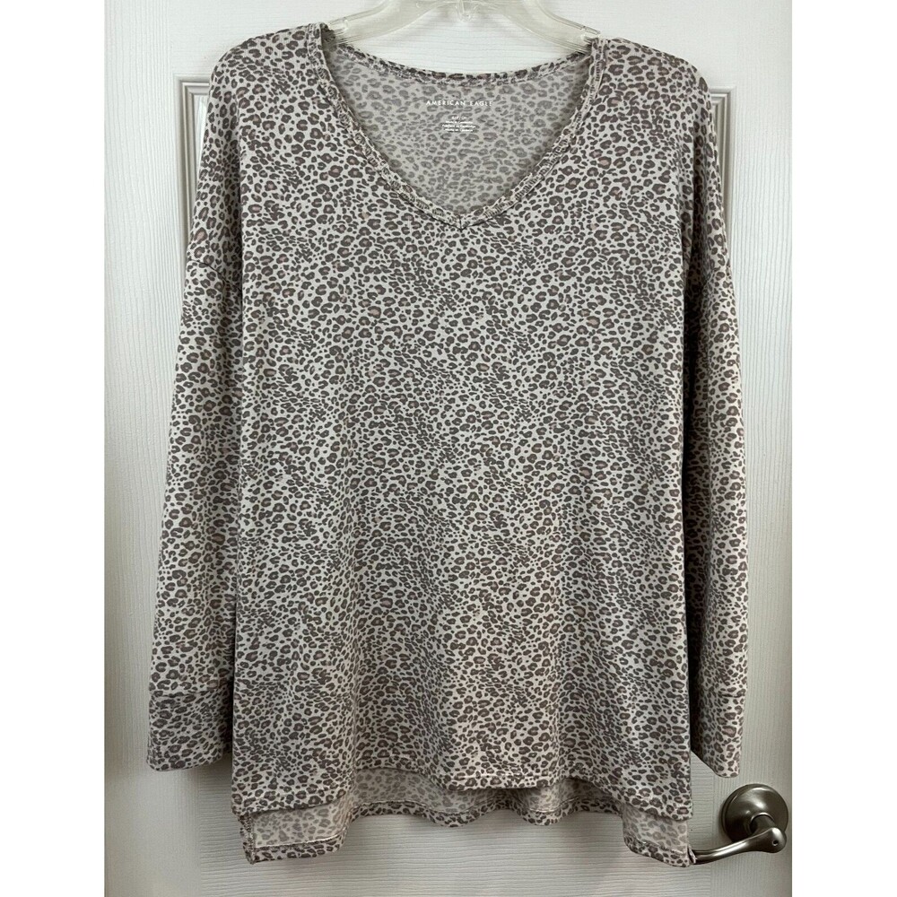 AMERICAN EAGLE - Brown Cheetah Pint Oversized Long Sleeve Knit Tunic Top size Sm